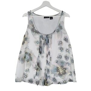 DKNY Sleeveless Blouse Womens Large White Floral Pleated Chiffon Top
